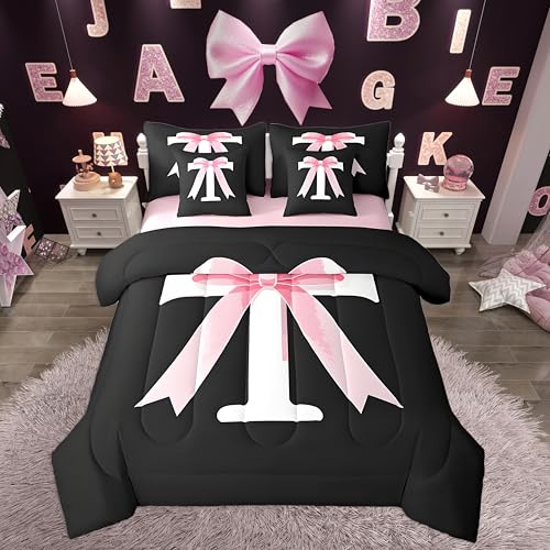 jejeloiu Kawaii Pink Bow Full Comforter Set with Sheets,Gifts for Women Teen Girl,Monogrammed 7 Piece Bedding Set,Soft Personalized Initial Letter T Bed in a Bag with Comforter,Sheets,Pillowcases