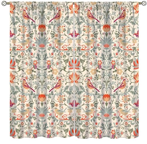 XBDDZSW Boho William Morris Retro Bird Animal Printed Curtains - Bedroom, Living Room, Kitchen Privacy - 2 Panels, 52x84in Blackout