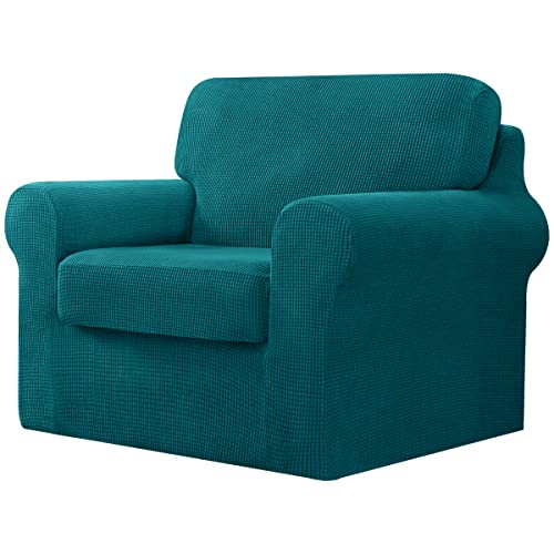 CHUN YI 3 Piece Stretch Sofa Cover, 1 Seater Slipcover with One Separate Cushion and Backrest, Jacquard Spandex Fabric(1 Seater,Blue)