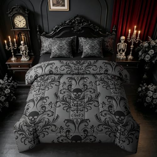 Erosebridal Gothic Damask Comforter Set 7 Piece Bed in a Bag Twin,Sugar Skull Bedding Sets Black Grey Victorian Floral Goth Sheet Set with Comforter