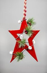 SHATCHI 36cm Red Wooden Star Wall Hanging Ornament Decorated with White Bells Berries and Pines Christmas Holiday Home Decorations, 25x1.2x36 cm