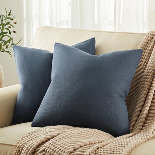 ZeeMart Rustic Linen Throw Pillow Covers Set of 2, Navy 18x18in - Textured Pillow Case, Rustic Cotton Linen Fabric, Modern Farmhouse Cushion Covers for Sofa Bed Living Room Home Decor