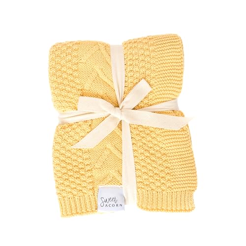 Sweet Acorn Knit Baby Blanket in Elegant Pattern, Organic Cotton Blankets for Crib or Stroller, Receiving Blankets - Butter Yellow