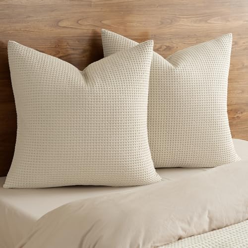 PHF 100% Cotton Waffle Weave Throw Pillow Cover Cushions, 22'' x 22'', No Insert, 2 Pack Elegant Home Decorative Square Throw Pillow Covers for Bed Couch Sofa, Linen