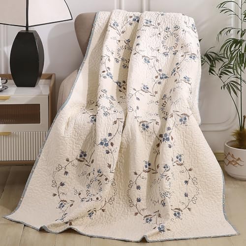 "vctops 100% Cotton Quilted Throw Blanket 50x60 Inch Floral Embroidered Reversible Patchwork All Season Throw (Blue,50""x60"")"