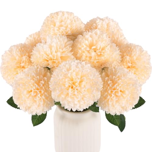 Hananona 12 Pcs Artificial Chrysanthemums Flowers Ball Flowers, Fake Mums Silk Plants for Home Decor Indoor Floral Arrangement Table Centerpiece (12, Champagne)