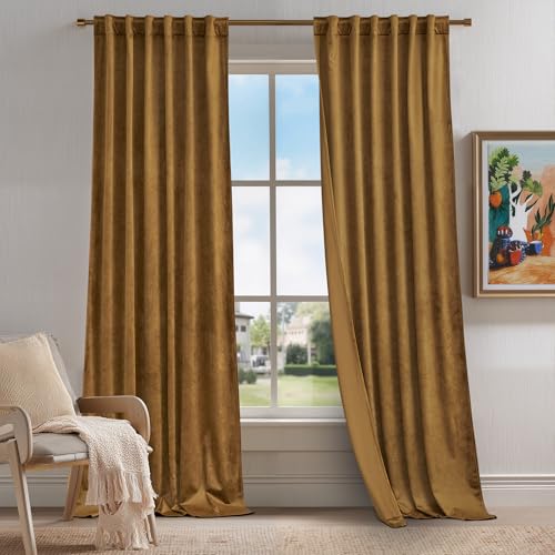KGORGE Gold Brown Velvet Curtains 108 inches 2 Panels, Velvet Blackout Curtains for Bedroom Living Room, Soft Darkening Thermal Insulating Window Drapes, Back Tab Rod Pocket, W 52 x L 108