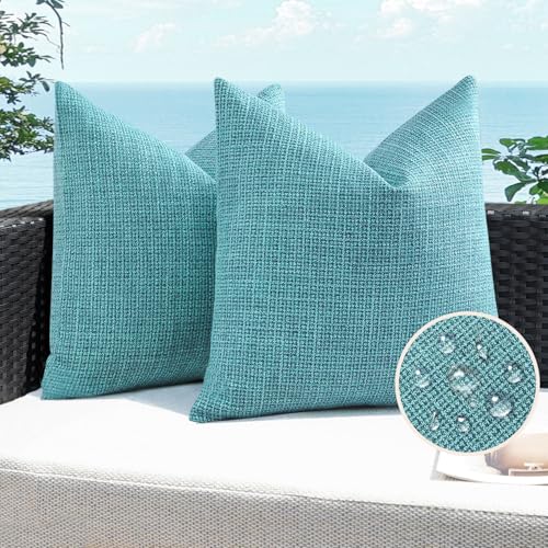 Artscope Outdoor Waterproof Throw Pillow Covers 16x16 Inch Decorative Linen Outdoor Pillows Cushion Case for Patio Couch Sofa - Turquoise