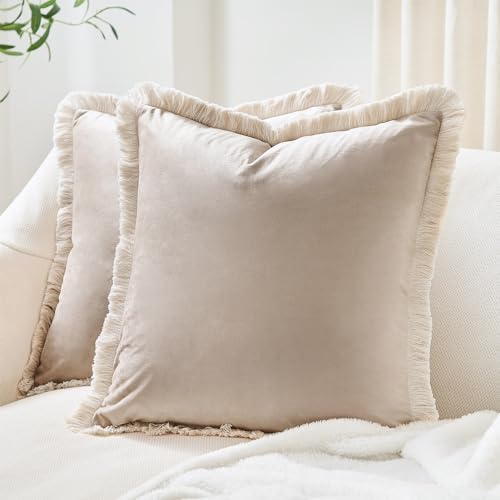 MONDAY MOOSE Decorative Throw Pillow Covers Cushion Cases, Set of 2 Soft Velvet Modern Fringe Tassel Designs, Mix and Match for Home Decor, Pillow Inserts Not Included (Beige, 20x20 inch)