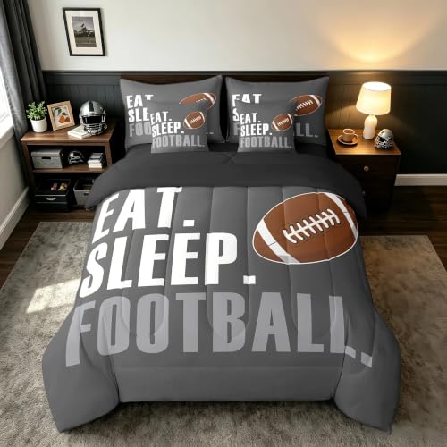 Feelyou Football Comforter Set with Sheets Full Size Rugby Sports 7 Pieces Bedding Set for Kids Boys Girls Teens Grey Sports Ball Game Bed in a Bag Gift for Football Lover Bed Set