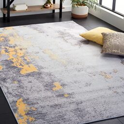 Safavieh Abstract Rug Ideal for High Traffic Areas - Machine Washable and Non Slip - Tacoma Collection, Short Pile, in Grey and Gold, 183 X 183 cm