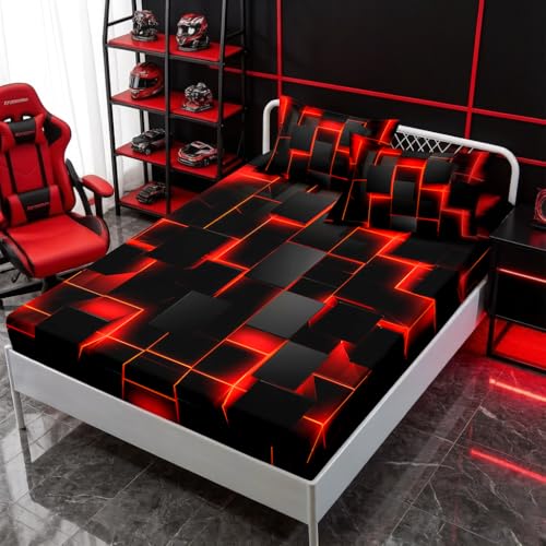 HOSIMA Red Black Geometric Queen Bedding Sets,1 Fitted Sheet+2 Pillowcases. - Honeycomb Pattern Fitted Sheet for Kids Teens Boys Room Decor,Lightweight Red Neon Lights Bedding