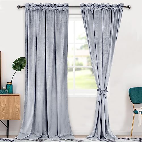 Hiasan Velvet Curtains 96 inches-Blackout Thermal Insulated Solid Soft Curtains for Bedroom Living Room Rod Pocket Room Darkening 2 Panels Window Drapes with Tiebacks, 52W x 96L, Silver Grey
