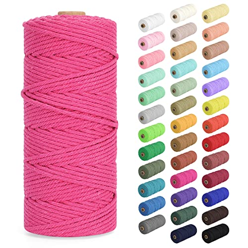 Macrame Cord 3mm x 109Yards (328Feet), Natural Cotton Macrame Rope - 4 Strands Twisted Macrame Cotton Cord for Wall Hanging, Plant Hangers, Crafts, Gift Wrapping and Wedding Decorations, Rose Red