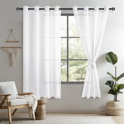 DWCN Curtains with Eyelets Transparent Voile Eyelet Curtain Sheer Voile Curtain with Curtain Ties White 160 x 132 cm (H x W)