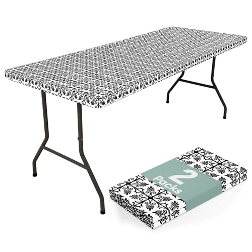 "misaya 2 Pack 8 Foot Rectangle Picnic Tablecloth, Elastic Fitted Waterproof Table Cover, Windproof Washable Polyester Table Cloth for Camping, Indoor and Outdoor???Black, 30""x 96"""