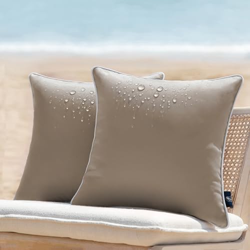 Phantoscope Pack of 2 Outdoor Waterproof Solid Throw Decorative Pillow Cover Decorative Square Outdoor Pillows Cushion Case Patio Pillows for Couch Tent, Light Coffee 18x18 inches 45x45 cm