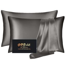 Silk Pillow Cases 2 Pack, Mulberry Silk Pillowcases Standard Set of 2, Smooth, Anti Acne, Beauty Sleep, Both Sides Natural Silk Satin Pillow Cases for Women 2 Pack with Zipper for Gift, Dark Gray