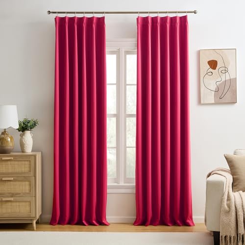 KEQIAOSUOCAI Pinch Pleat Curtains 92 Inches Long,Home Fashion Microfiber Thermal Insulated Solid Pleated Room Darkening Curtain for Bedroom (Hot Pink, 2 Panels, 40 inch Wide by 92 Long)