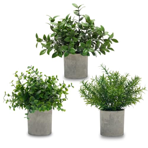 HOZON 3 Pack Small Potted Fake Plants for Desk Shelf Bedroom Decor - Dark Green Artificial Eucalyptus in paper Pul, Faux Greenery Perfect for Bathroom Kitchen Farmhouse Coffee Room Home Decor
