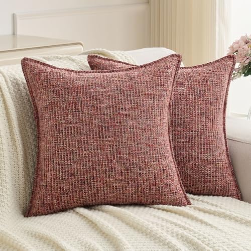 FUTEI Pack of 2 Tweed Chenille Throw Pillow Covers 18x18 Inch, Burgundy - Premium Chenille Front/ Smooth Velvet Back,Hidden Zipper,Machine Washable,Pilling-Resistant,Colorfast, Insert Not Included.
