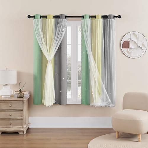 XiDi Curtains for Bedroom Decor, Rainbow GreenYellowGrey34/54/1 - 34 x54 inch, Green Yellow Grey layered curtain, kids and boys bedroom decor, white sheer overlay,room darkening, grommet top