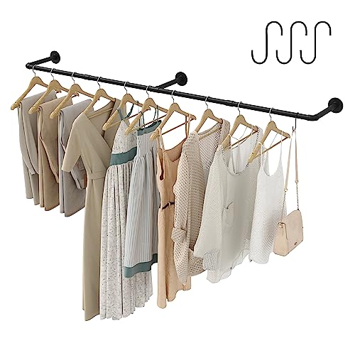 Crehomfy Industrial Pipe Clothes Rack with 3 Hooks, 72???'L Wall Mounted Garment Rack, Heavy Duty Iron Garment Bar, Clothes Hanging Rod Bar for Laundry Room, Max Load 135Lb Black (3 Base)