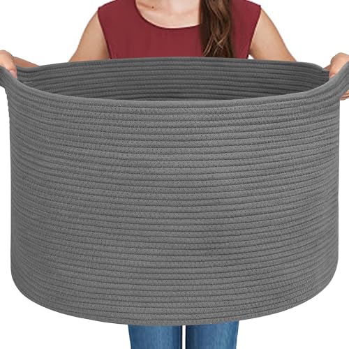 MEGASKET Large Dark Grey Storage Basket Woven Cotton Rope Storage Baskets for Storage Large Blanket Storage Basket Living Room Bedroom