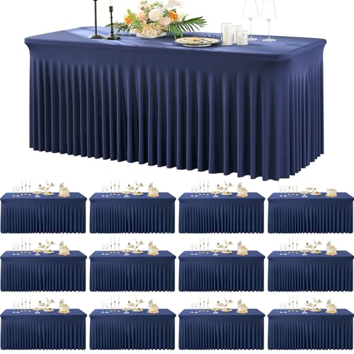 12 Pack Navy Blue Spandex Tablecloth for 6 foot Rectangle Tables, Wrinkle Free Fitted Table Cloth Cover 6ft Blue Stretchy Tablecloths with Skirt for Parties Weddings Birthday Banquet Baby Shower