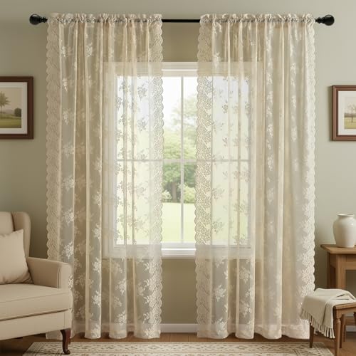 Kotile Beige Lace Curtains 102 Inches Long for Living Room, 2 Panels Country Rustic Floral Vintage Cream Sheer Lace Curtains for Bedroom, Rod Pocket Privacy Window Curtain Drapes, 52 x 102 Inch, Beige
