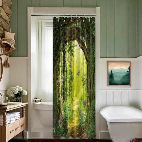 QGHOT Enchanted Forest Shower Curtain Green Nature Garden Outdoors Scene Tree Scenic Bathroom Decor, Waterproof Cloth Fabric with Hooks (36''W x 72''L)