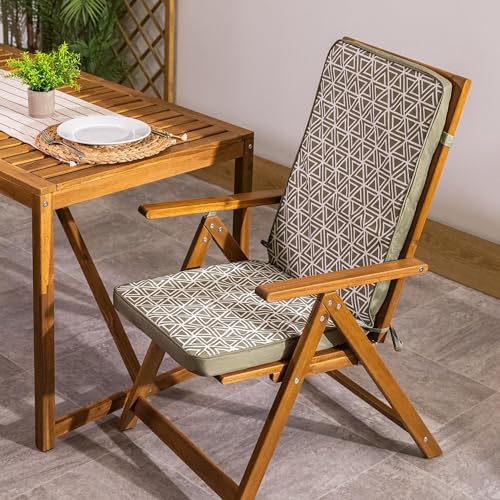 Bean Bag Bazaar Outdoor High Back Seat Pad, Geometric Green, Garden Chair Seat Cushion with Fibre Fill Included, Water-Resistant, Cushions with ties for Chair, Garden, Patio Furniture
