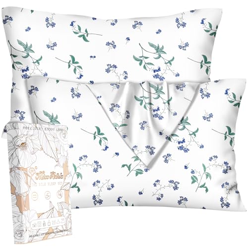 "Miss Adola Silk Pillowcase 2 Pack - Pillow Cases 20"" x 26"" Standard Size Set of 2 for Hair and Skin Smooth Soft Breathable with Hidden Zipper Cute Cooling Pillow Covers for Sleeping, Blue Floral"