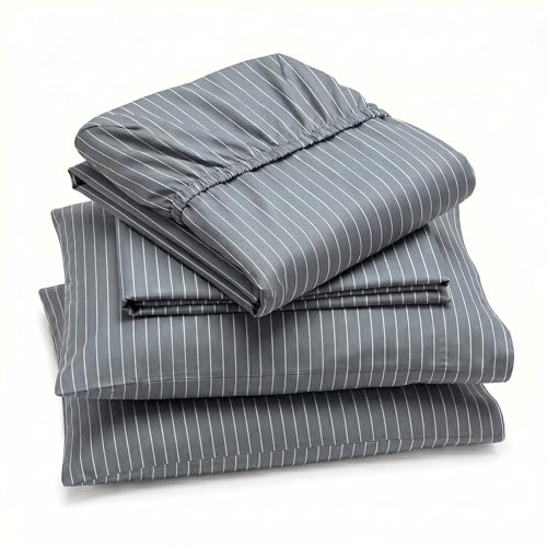 Peru Pima, Bedding Bed Sheets Set with 4 Pieces, 415 Thread Count, Percale, 100% Peruvian Pima Cotton, Hotel Luxury Quality, Extra Soft and Cooling Sheets, Full Size, Pinstripe Grey