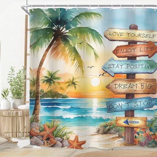 "Tropical Palm Tree Coastal Nautical Beach Ocean Bathroom Shower Curtain Set - 72""W x 78""H Quotes Sunset waterproof HD print, quick-dry fabric with 12 free hooks for easy hanging."