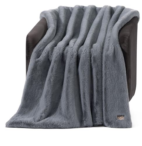 UGG 11069 Euphoria Plush Faux Fur Reversible Throw Cozy Fuzzy Fluffy Blanket for Couch Bed Hotel Style Luxury Machine Washable Home Decor Luxurious Soft Throws for Sofa, 70 x 50-inch, Chambray