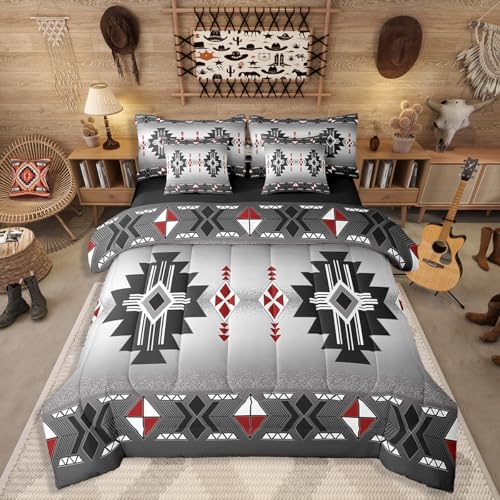 Erosebridal Rustic Western Sheet Sets 7 Piece Queen, Southwestern Aztec Comforter Set for Boys Teens Men Bedroom, Exotic American Native Bedding Set Vintage Bohemian Geometric Bed in A Bag, Red Grey