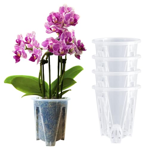 pavtner Orchid Pot 6.3Inch 4 Pack, Clear Platics Orchid pots with Holes, Planter Pot for Repotting Orchids and Other Flowers - 6.3''W x 7.2''H
