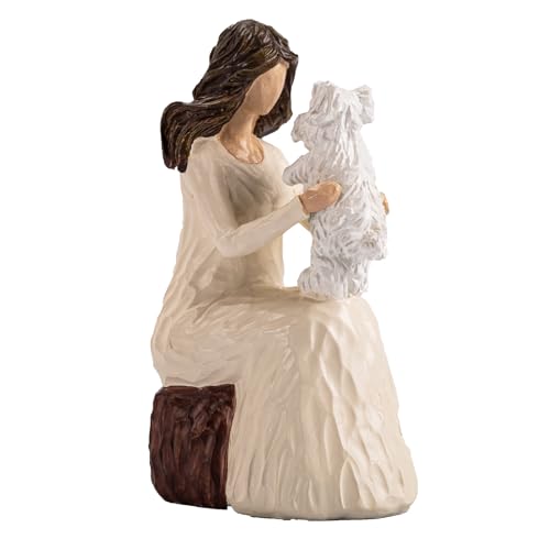 Elegondrar Woman with Dog Figurines, Westie Gifts for Dog Lovers, Ideal for Birthday, Thanksgiving, Christmas, White Hand-Painted Sculpture for Home Office Tabletop Shelf Decor