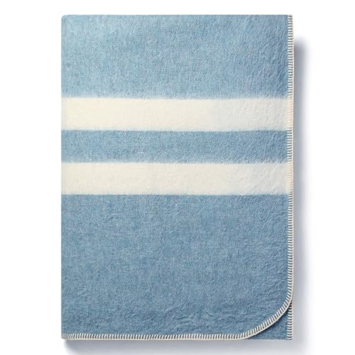 Thick Alpaca Wool Blanket Heavyweight for Camping Outdoors or Using Indoors - Soft Peruvian Alpaca Wool Blankets (Soft Blue - Ivory Stripes 2, Queen)