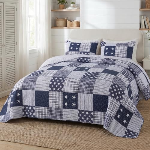 SLPR Americana Pride 2-Piece Quilt Set - Twin Size with 1 Sham, Lightweight Patriotic Bedding in Blue and White with Star and Plaid Patterns, Quilted Bedspread for Twin Bed