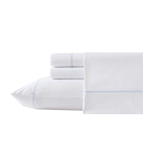 Laura Ashley - Sheet Set, Breathable Cotton Percale Bedding with Matching Pillowcases, Soft Home Decor (Scallop Blue, Full)