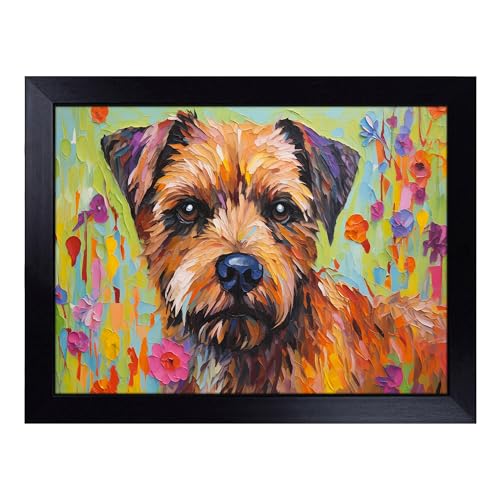 Lap Tray with Bean Bag Cushion, Border Terrier Orphism - Handmade in the UK, Raised Wooden Edge, Padded Cushion, Heat-Resistant Wipe-Clean Surface, for Meals, Laptops and Crafts