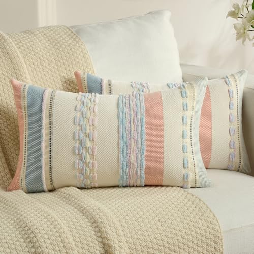 FUTEI Pink Light Blue Beige Boho Throw Pillow Covers 12x20 Inch Set of 2, Modern Tufted Striped Textured Accent Pillow Case,Farmhouse Pillows for Couch Bed