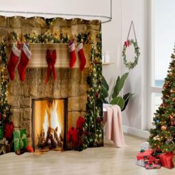 BROSHAN Fabric Christmas Shower Curtain, Red Christmas Shower Curtains for Bathroom, Winter Holiday Christmas Bathroom Decor, Xmas Tree Fireplace Pattern