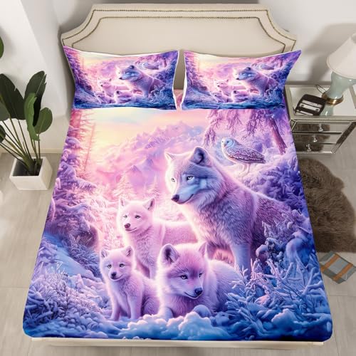 Snow Wolf Fitted Sheet Twin Size,Safari Animals Sheet Set(No Top Sheet),Natural Snow Trees Bedding Set(1 Fitted Sheet+1 Pillow Case),Woodland Cool Wildlife Bed Cover Boys Girls Bedroom Decor