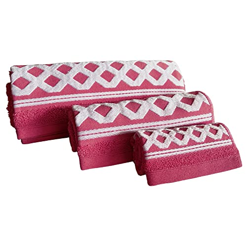 WELL HOME MOBILIARIO & DECORACIÓN Set of 3 Terry Cotton Bath Towels 450 gr/m2, 50 x 30, 100 x 50, 150 x 100 cm, Fuchsia Diamond Collection
