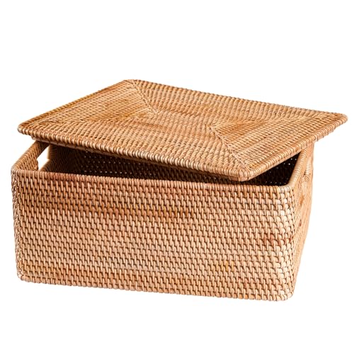 "FIYAMMY Rattan Basket With Lid, Large Lidded Basket For Storage Square Rattan Box(11.81"" L??7.87""W??5.91""H)"