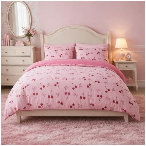 GC GAVENO CAVAILIA Cherrie Bow Duvet Cover King Size With Pillowcases,Pink - Soft Breathable, Washable Duvet Cover Set- 3Piece Bedding Sets King Size Reversible Quilt Cover Button Closure, 230x220cm