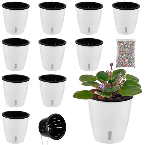 Planterhoma 5 Inch Self Watering Pots for Indoor Plants, 10 Packs African Violet Pots with Indicator, Black Wick Pot with Drainage Holes, Self Watering Planters for Orchid, Devil's Ivy, White